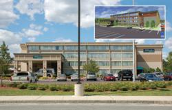 The Holiday Inn Boston/Woburn today and the dctDesigns architectural rendering of its new look as Crowne Plaza Hotel Boston/Woburn.